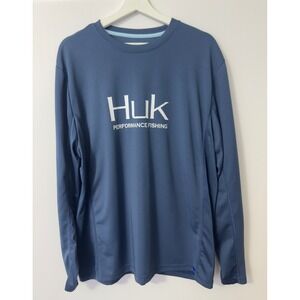 Huk Performance Fishing Long Sleeve Tee Shirt Mens XL Blue Logo Angler Nautical